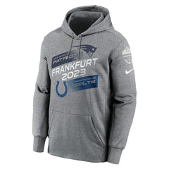 New England Patriots vs. Indianapolis Colts 2023 Frankfurt Game Pullover Hoodie Heather Charcoal - Nike