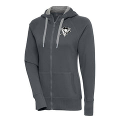 Pittsburgh Penguins Antigua Women's Metallic Logo Victory Full-Zip Hoodie Charcoal