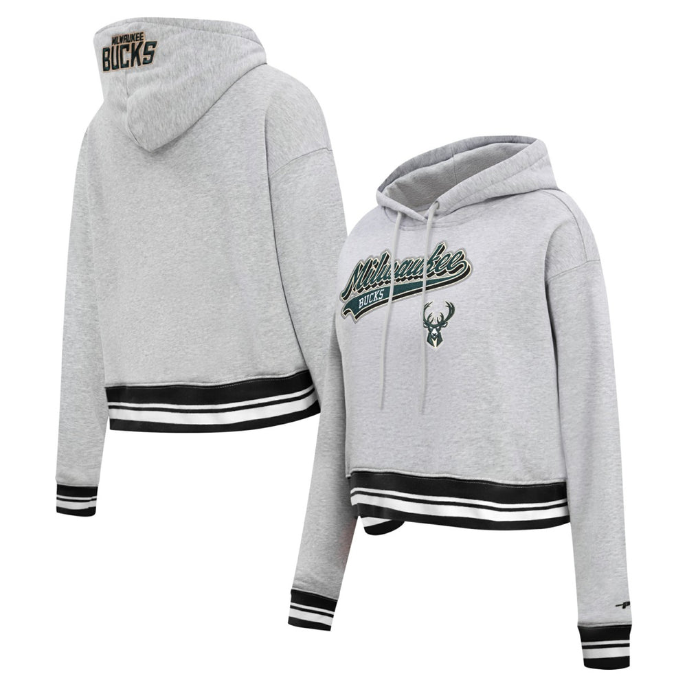 NBA - Milwaukee Bucks Pro Standard Women's Script Tail Cropped Pullover Hoodie - Heather Gray