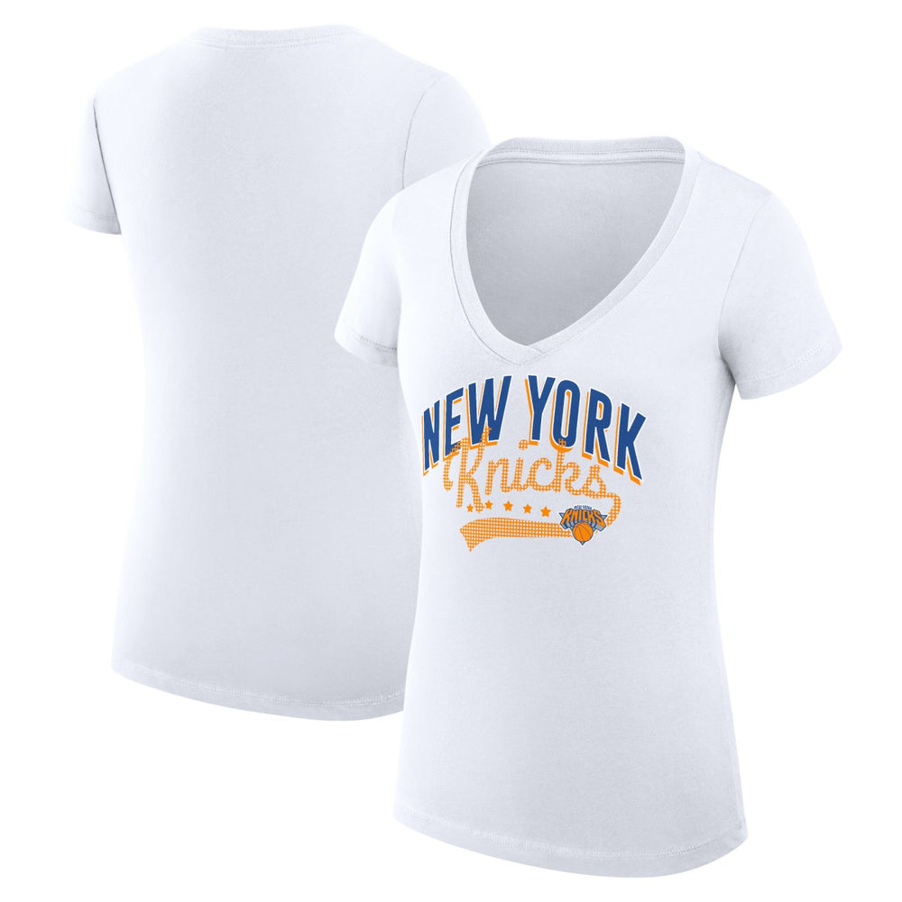 NBA - New York Knicks G-III 4Her by Carl Banks Women's Super-Slim Fit Lightweight Filigree Logo V-Neck T-Shirt - White
