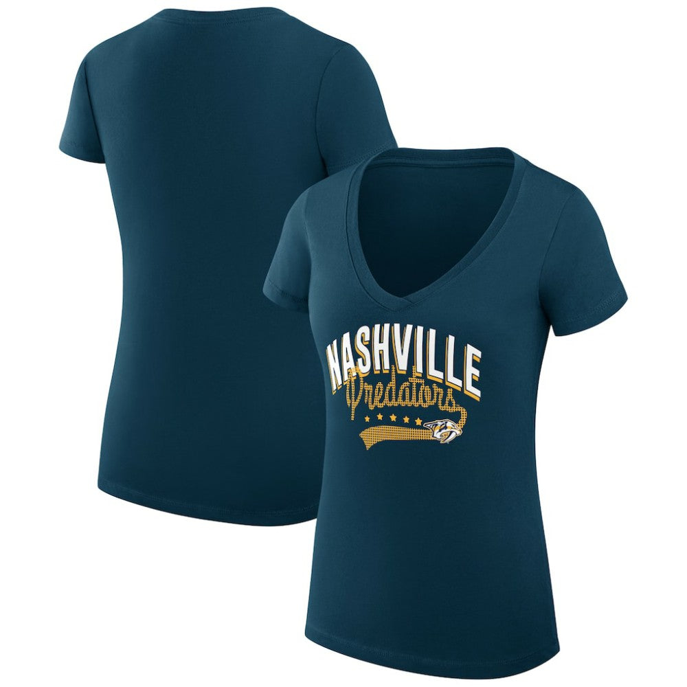 Nashville Predators - G-III 4Her by Carl Banks Women's Super-Slim Fit Lightweight Filigree Logo V-Neck T-Shirt – Navy