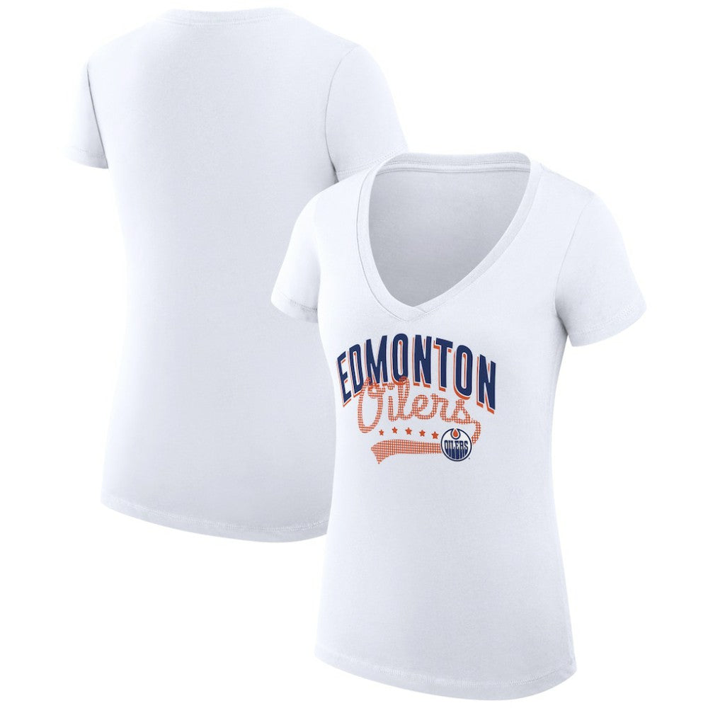 Edmonton Oilers - G-III 4Her by Carl Banks Women's Super-Slim Fit Lightweight Filigree Logo V-Neck T-Shirt – White