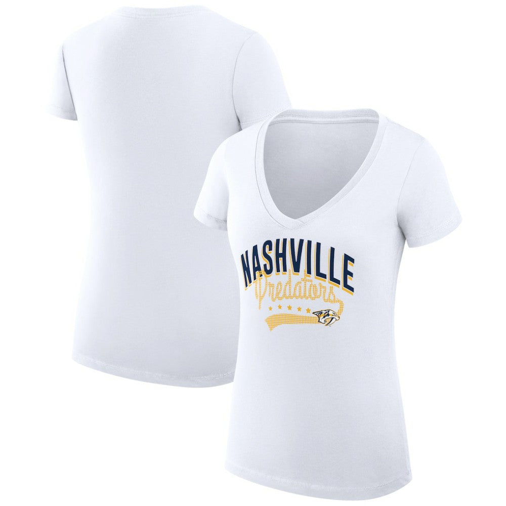 Nashville Predators - G-III 4Her by Carl Banks Women's Super-Slim Fit Lightweight Filigree Logo V-Neck T-Shirt – White