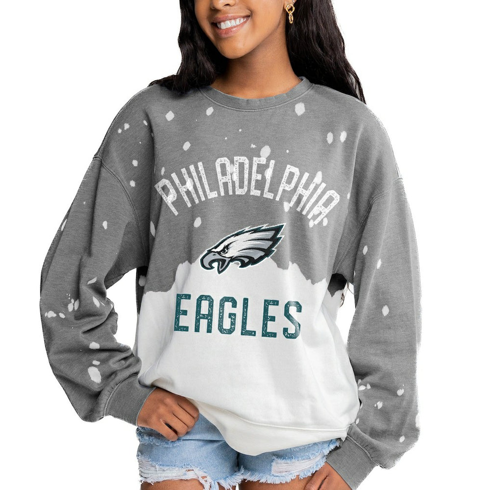 Philadelphia Eagles Gameday Couture Women's Oversized Coin Toss Faded French Terry Tri-Blend Pullover Sweatshirt Gray - NFL