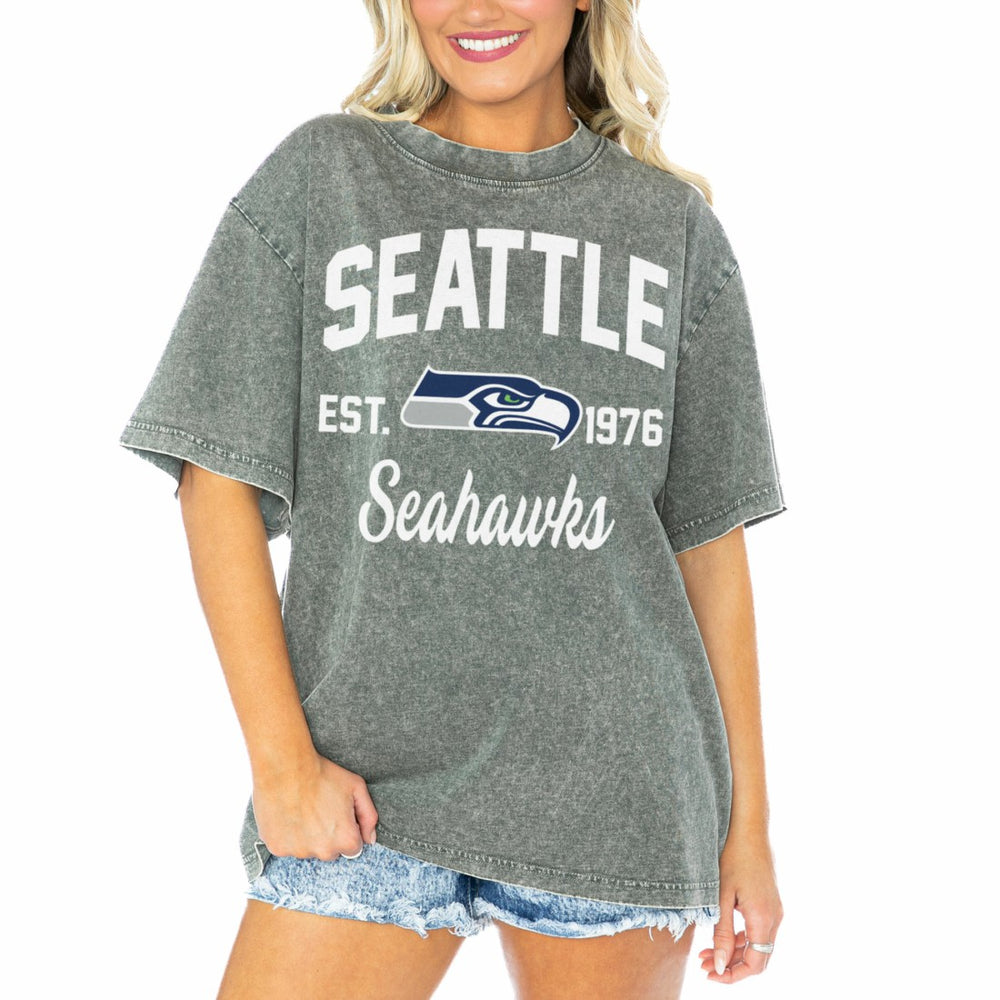 Seattle Seahawks Gameday Couture Women's Tackle Titan Boyfriend Washed T-Shirt Gray - NFL