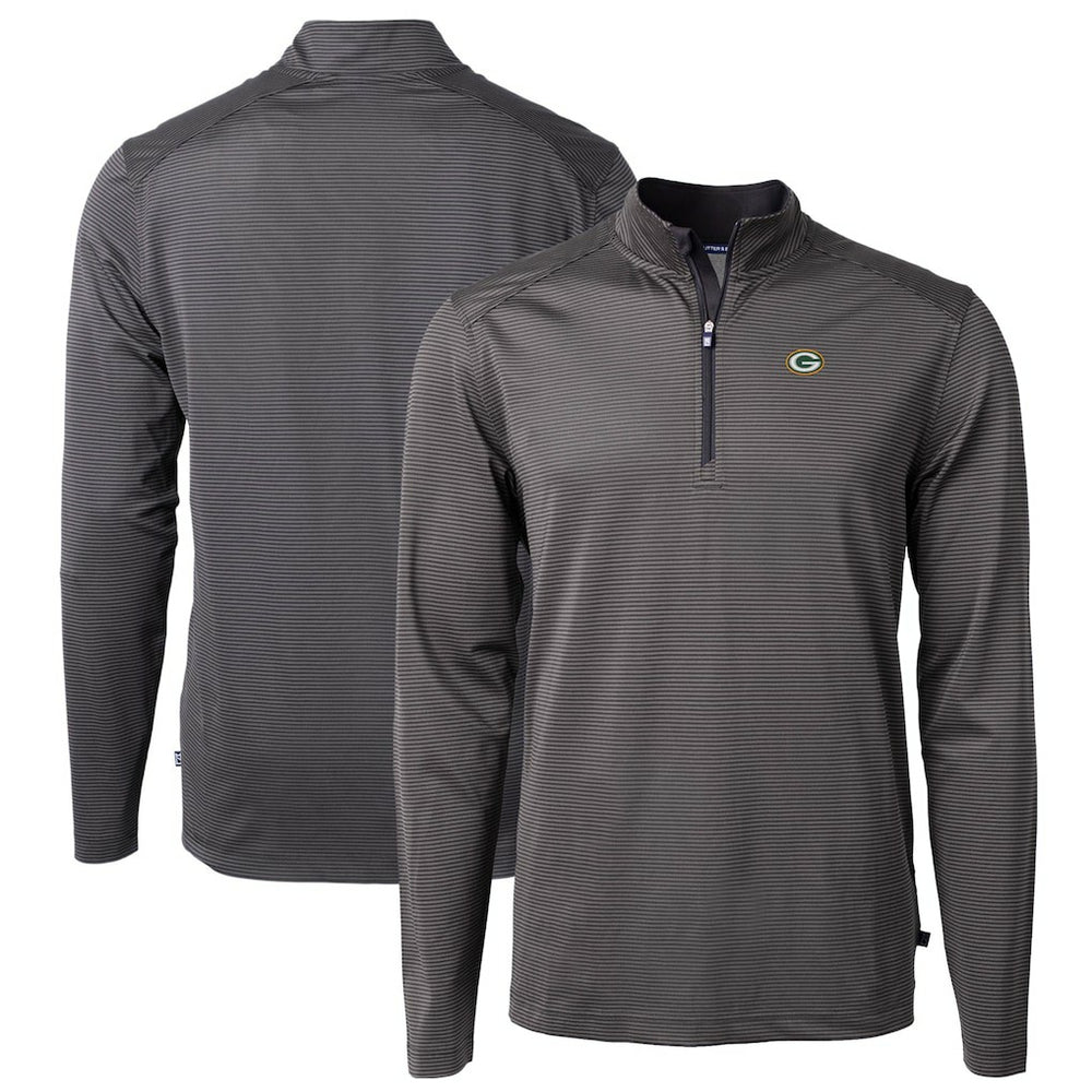 Green Bay Packers Cutter & Buck Virtue Eco Pique Micro Stripe Recycled Quarter-Zip Pullover Top Black/Gray - NFL