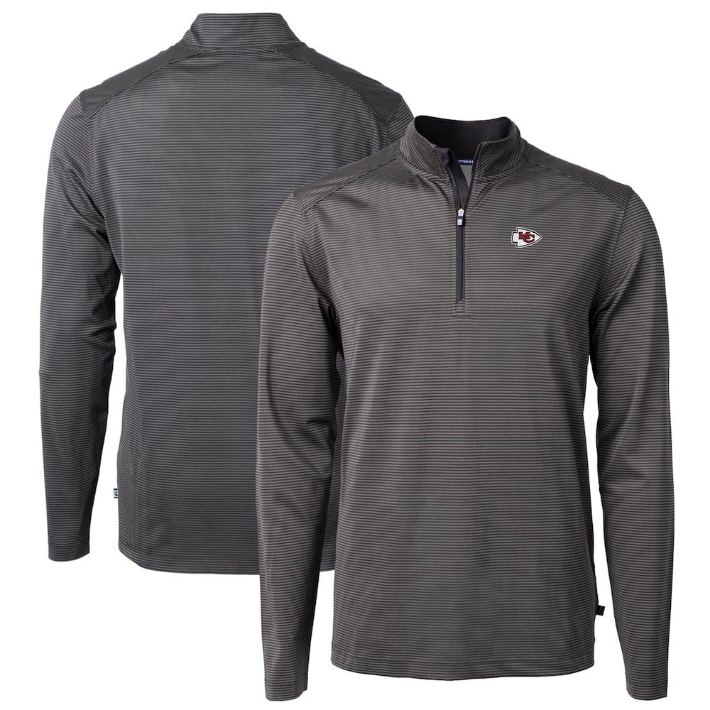 Kansas City Chiefs Cutter & Buck Virtue Eco Pique Micro Stripe Recycled Quarter-Zip Pullover Top Black/Gray - NFL