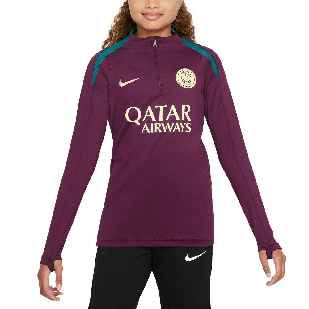 Nike Paris Saint-Germain Youth 2024/25 Strike Drill Quarter-Zip Long Sleeve Performance Training Top - Burgundy