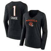 Ja'Marr Chase Cincinnati Bengals Women's Team Wordmark Player Name & Number Long Sleeve V-Neck T-Shirt Black - NFL