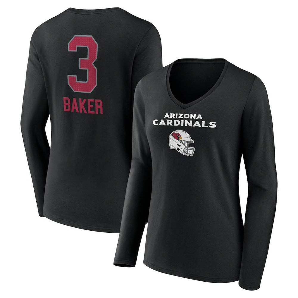 Budda Baker Arizona Cardinals Women's Team Wordmark Player Name & Number Long Sleeve V-Neck T-Shirt Black - NFL