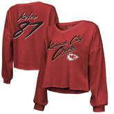 Travis Kelce Kansas City Chiefs Majestic Threads Women's Name & Number Off-Shoulder Script Cropped Long Sleeve V-Neck T-Shirt Red - NFL