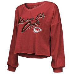 Travis Kelce Kansas City Chiefs Majestic Threads Women's Name & Number Off-Shoulder Script Cropped Long Sleeve V-Neck T-Shirt Red - NFL
