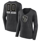 Milwaukee Brewers Women's Personalized Monochrome Name & Number Long Sleeve V-Neck T-Shirt Lifestyle