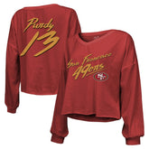 Brock Purdy San Francisco 49ers Majestic Threads Women's Name & Number Off-Shoulder Script Cropped Long Sleeve Relaxed V-Neck T-Shirt Scarlet - NFL