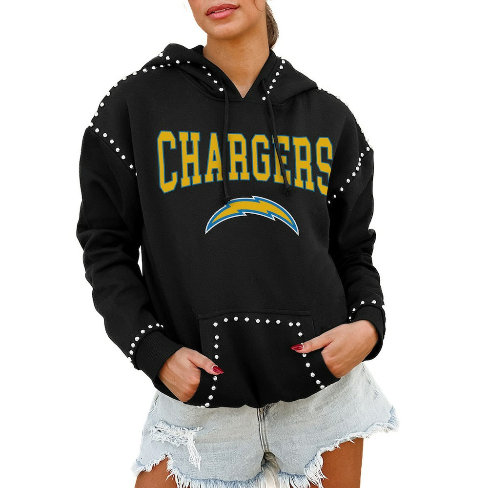 Los Angeles Chargers Gameday Couture Women's Oversized Catch the Vibe Studded Pullover Hoodie Black - NFL