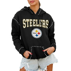 Pittsburgh Steelers Gameday Couture Women's Oversized Catch the Vibe Studded Pullover Hoodie Black - NFL