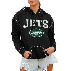 New York Jets Gameday Couture Women's Oversized Catch the Vibe Studded Pullover Hoodie Black - NFL