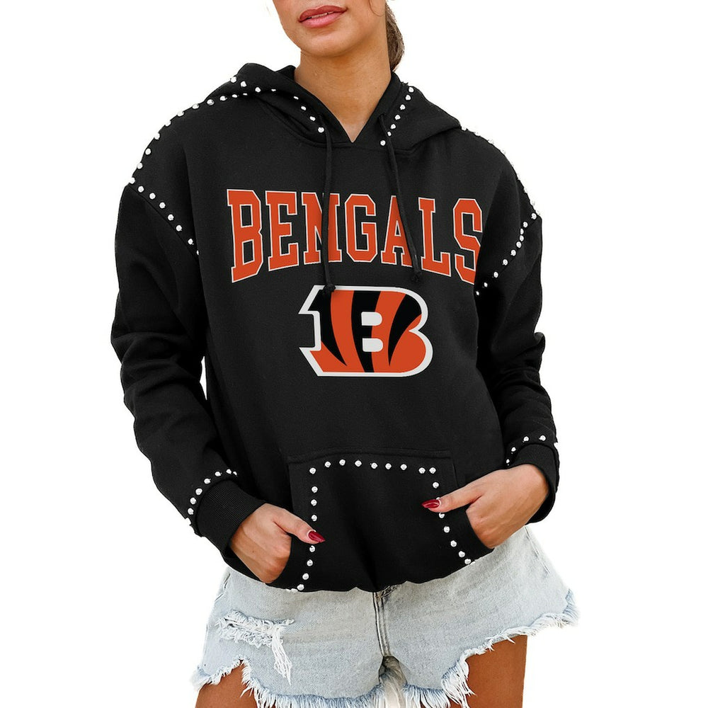 Cincinnati Bengals Gameday Couture Women's Oversized Catch the Vibe Studded Pullover Hoodie Black - NFL