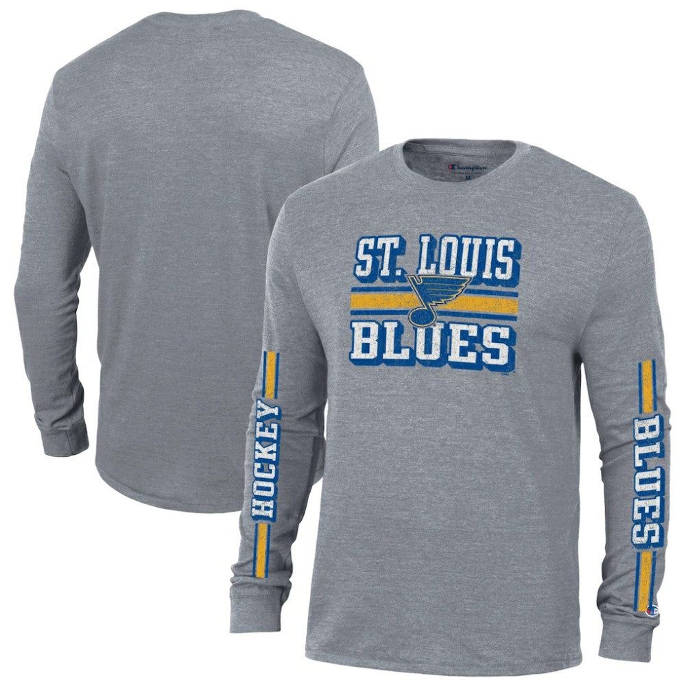 St. Louis Blues - Champion Tri-Blend Dual-Stripe Long Sleeve T-Shirt Heather Gray