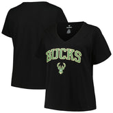 NBA - Milwaukee Bucks Profile Women's Plus Size Arch Over Logo V-Neck T-Shirt - Black