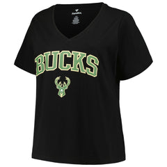 NBA - Milwaukee Bucks Profile Women's Plus Size Arch Over Logo V-Neck T-Shirt - Black