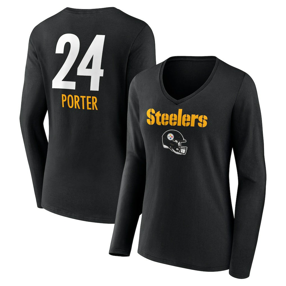 Joey Porter Jr. Pittsburgh Steelers Women's Team Wordmark Player Name & Number Long Sleeve V-Neck T-Shirt Black - NFL
