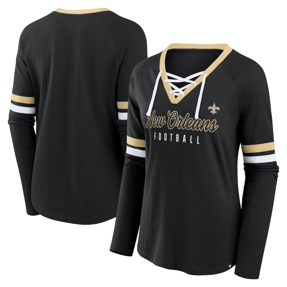 New Orleans Saints Women's Won and Done Lace-Up Long Sleeve Fashion Top Black - Fanatics