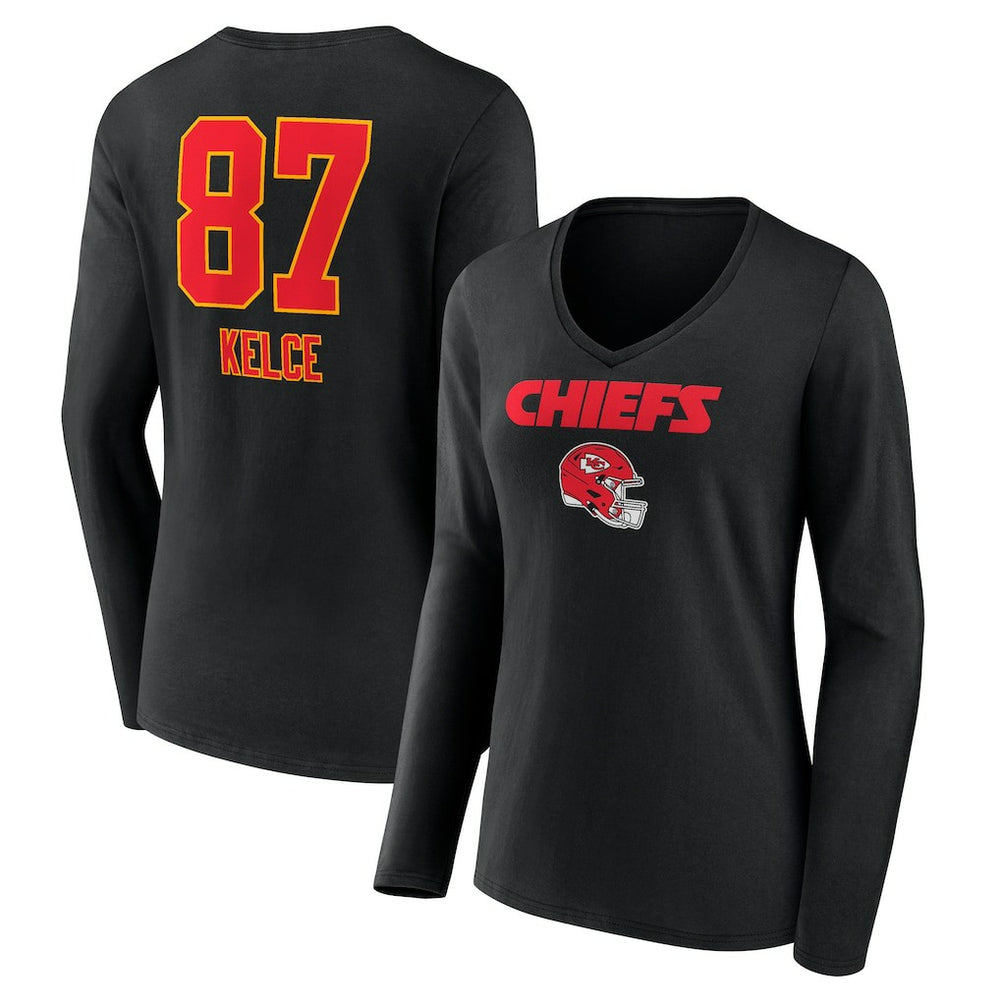 Travis Kelce Kansas City Chiefs Women's Team Wordmark Player Name & Number Long Sleeve V-Neck T-Shirt Black - NFL