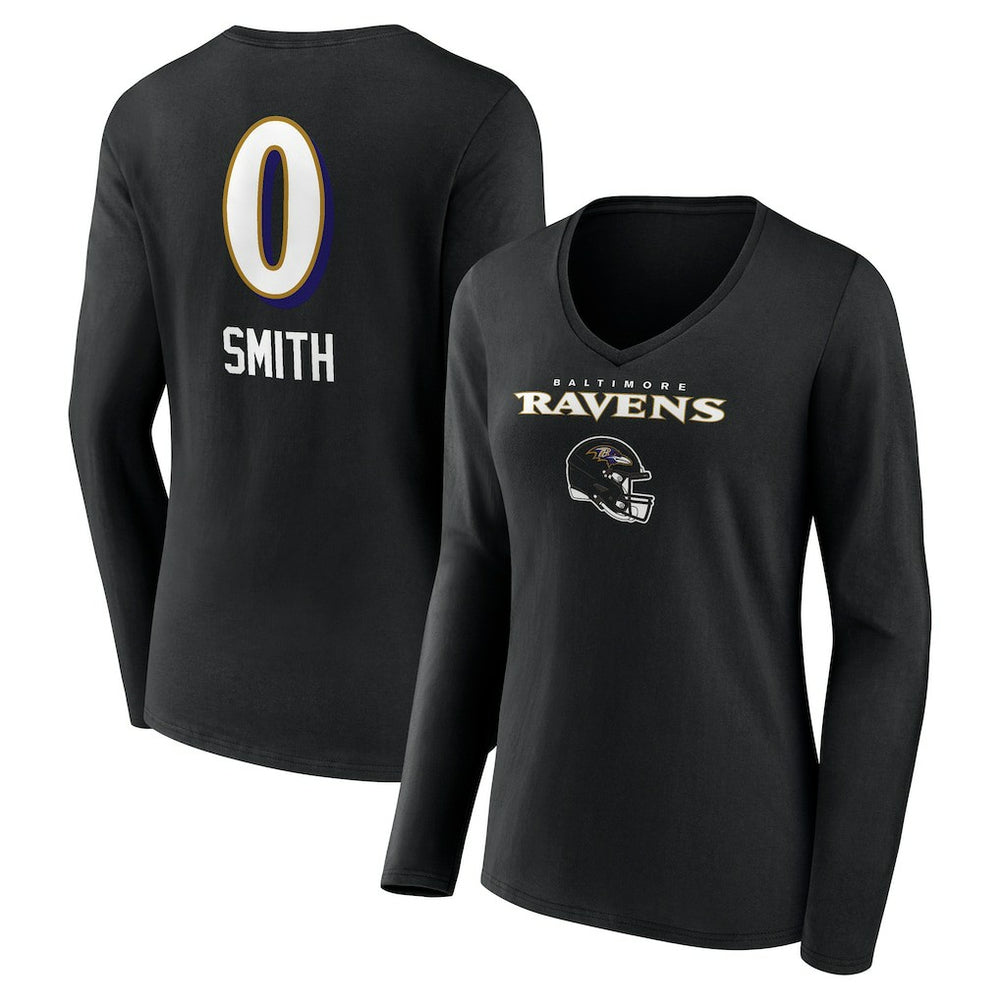 Roquan Smith Baltimore Ravens Women's Team Wordmark Player Name & Number Long Sleeve V-Neck T-Shirt Black - NFL