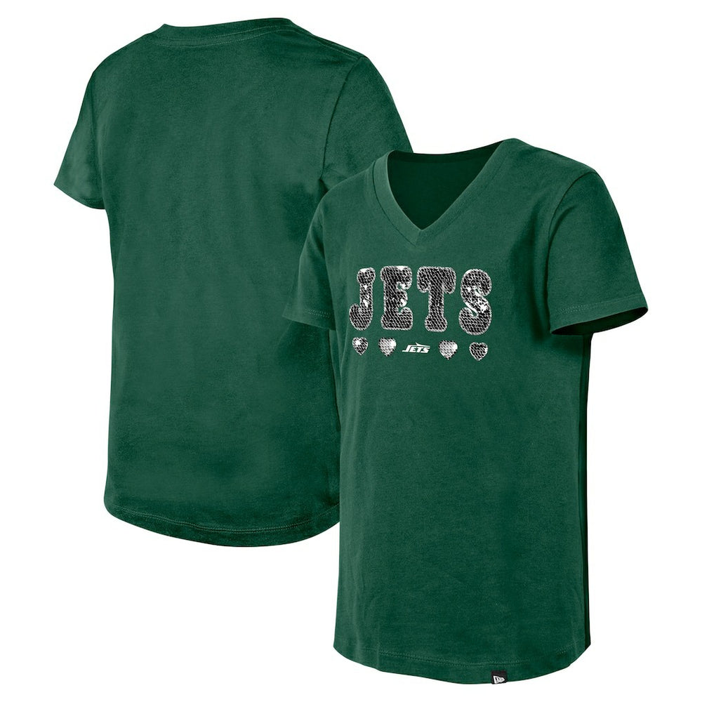 New York Jets New Era Girls Youth Flip Sequin V-Neck T-Shirt Green - NFL