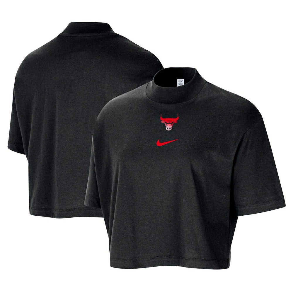 Nike - Chicago Bulls Women's Courtside Mock Neck Loose Fit Cropped T-Shirt - Black
