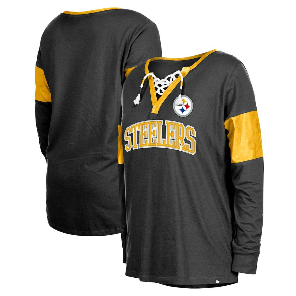 Pittsburgh Steelers New Era Women's Lace-Up Notch-Neck Long Sleeve T-Shirt Black - NFL