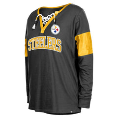 Pittsburgh Steelers New Era Women's Lace-Up Notch-Neck Long Sleeve T-Shirt Black - NFL