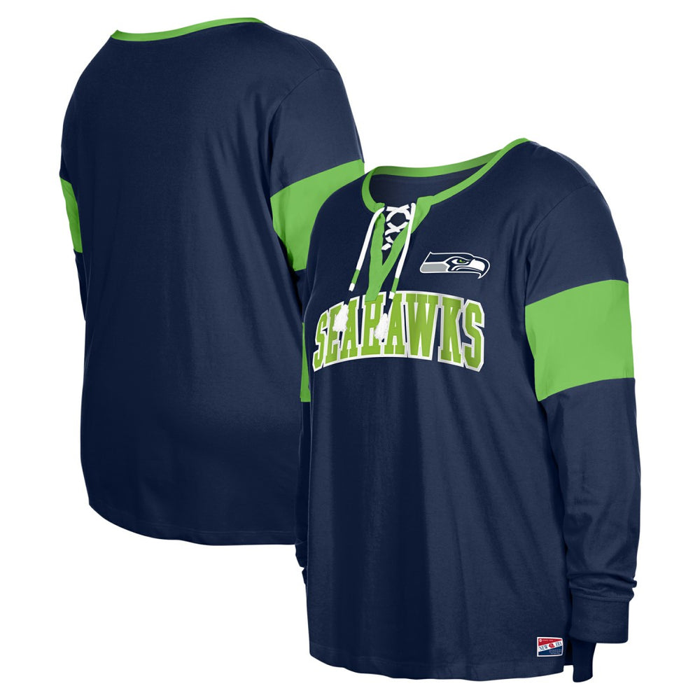 Seattle Seahawks New Era Women's Plus Size Lace-Up Notch Neck Long Sleeve T-Shirt College Navy - NFL
