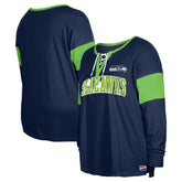 Seattle Seahawks New Era Women's Plus Size Lace-Up Notch Neck Long Sleeve T-Shirt College Navy - NFL