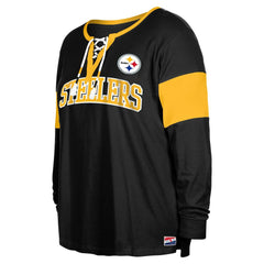 Pittsburgh Steelers New Era Women's Plus Size Lace-Up Notch Neck Long Sleeve T-Shirt Black - NFL