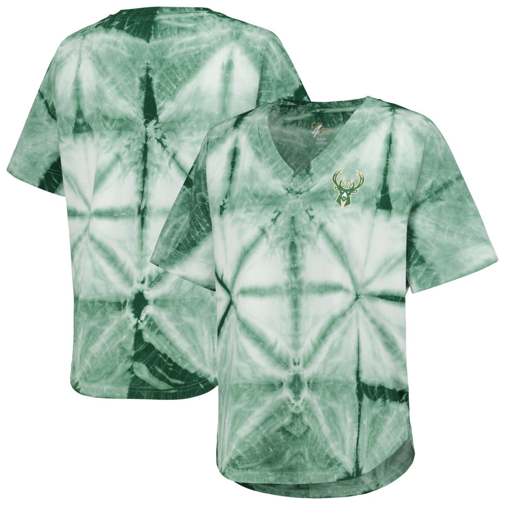 NBA - Milwaukee Bucks G-III 4Her by Carl Banks Women's Tournament Raglan Oversized Tie-Dye V-Neck T-Shirt - Hunter Green