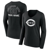Cincinnati Reds Women's Monochrome Personalized Name & Number Long Sleeve V-Neck T-Shirt Sale