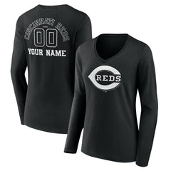 Cincinnati Reds Women's Monochrome Personalized Name & Number Long Sleeve V-Neck T-Shirt Sale