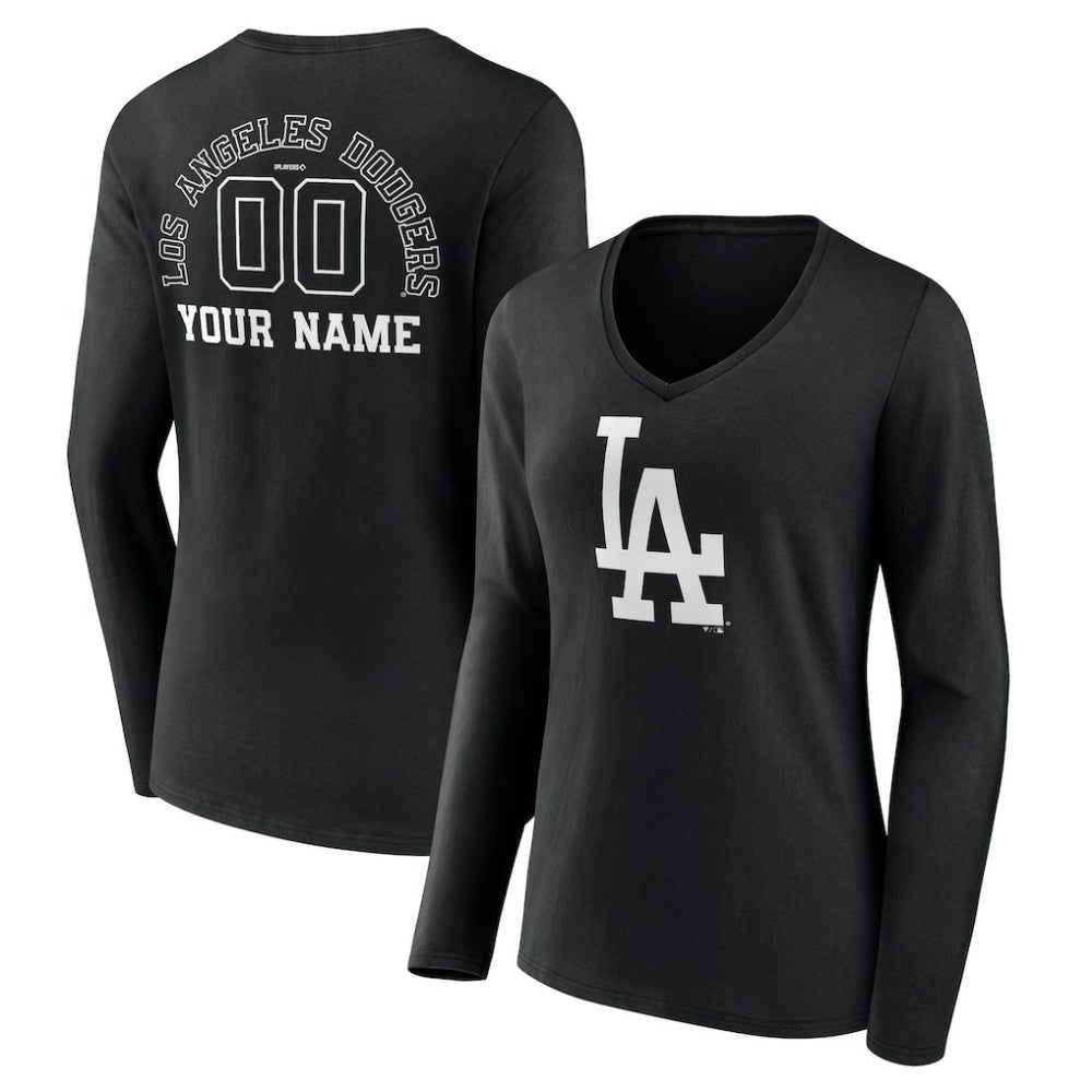 Los Angeles Dodgers Women's Monochrome Personalized Name & Number Long Sleeve V-Neck T-Shirt Clearance