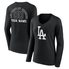 Los Angeles Dodgers Women's Monochrome Personalized Name & Number Long Sleeve V-Neck T-Shirt Clearance