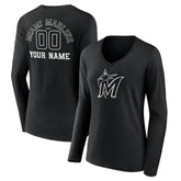 Miami Marlins Women's Monochrome Personalized Name & Number Long Sleeve V-Neck T-Shirt Sale