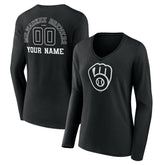 Milwaukee Brewers Women's Monochrome Personalized Name & Number Long Sleeve V-Neck T-Shirt Online