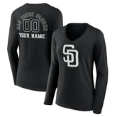 San Diego Padres Women's Monochrome Personalized Name & Number Long Sleeve V-Neck T-Shirt Online