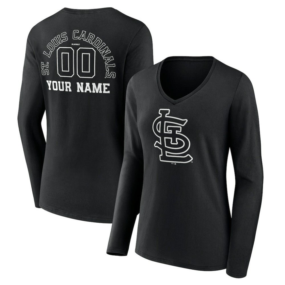 St. Louis Cardinals Women's Monochrome Personalized Name & Number Long Sleeve V-Neck T-Shirt Clearance