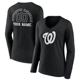 Washington Nationals Women's Monochrome Personalized Name & Number Long Sleeve V-Neck T-Shirt On Sale