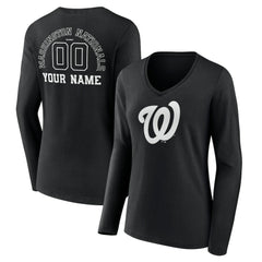 Washington Nationals Women's Monochrome Personalized Name & Number Long Sleeve V-Neck T-Shirt On Sale