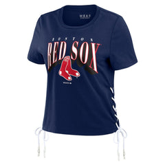 Boston Red Sox WEAR by Erin Andrews Women's Side Lace-Up Cropped T-Shirt On Sale