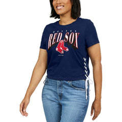 Boston Red Sox WEAR by Erin Andrews Women's Side Lace-Up Cropped T-Shirt On Sale