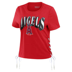 Los Angeles Angels WEAR by Erin Andrews Women's Side Lace-Up Cropped T-Shirt Lifestyle